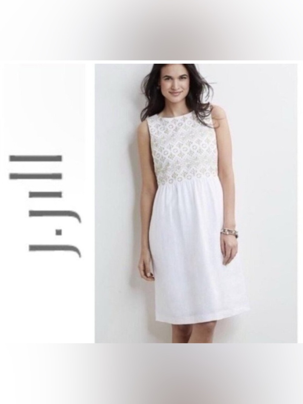 J. Jill Love Linen White Tan Embroidered Midi Dress Women’s Size 8 Summer